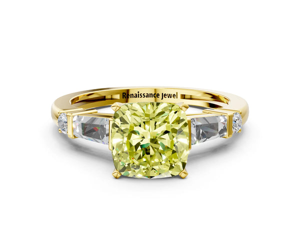 Yellow gold Fancy Yellow Cushion  Cut Diamond Ring with Baguette Side Stones, Channel Set Band, and Four-Prong Setting
