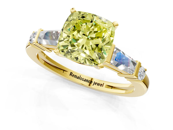 Yellow gold Fancy Yellow Cushion  Cut Diamond Ring with Baguette Side Stones, Channel Set Band, and Four-Prong Setting