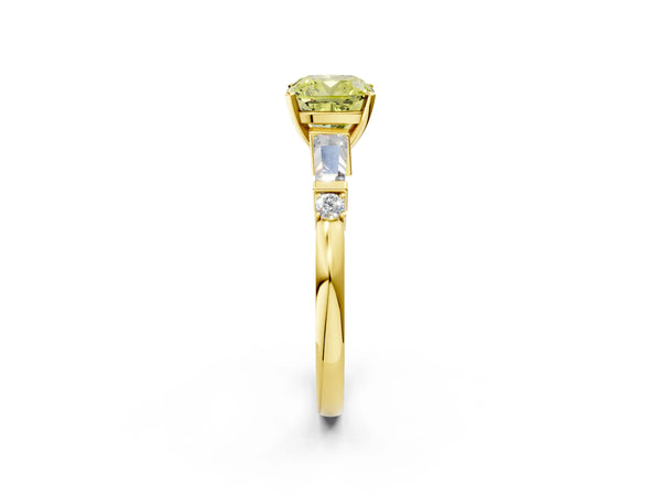 Yellow gold Fancy Yellow Cushion  Cut Diamond Ring with Baguette Side Stones, Channel Set Band, and Four-Prong Setting