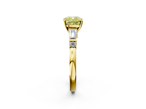 Yellow gold Fancy Yellow Cushion  Cut Diamond Ring with Baguette Side Stones, Channel Set Band, and Four-Prong Setting