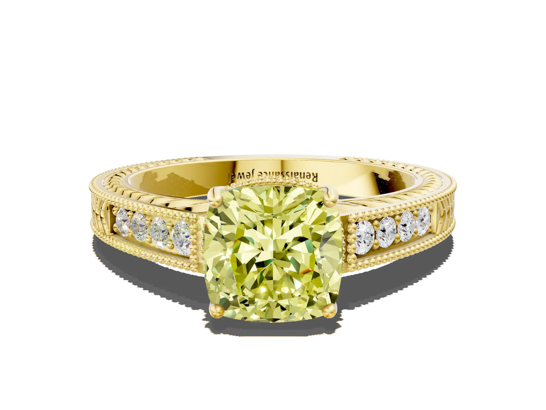 Yellow gold Fancy Yellow Cushion Cut Diamond Ring with Milgrain Pavé Band and Four-Prong Setting_25