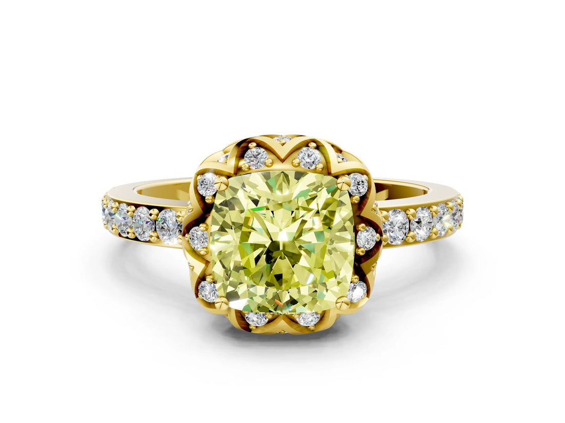 Yellow gold Fancy Yellow Cushion Cut Diamond Scalloped Halo Engagement Ring with Round Shared Prong Band_12