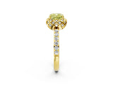 Yellow gold Fancy Yellow Cushion Cut Diamond Scalloped Halo Engagement Ring with Round Shared Prong Band_14