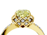 Yellow gold Fancy Yellow Cushion Cut Diamond Scalloped Halo Engagement Ring with Round Shared Prong Band_16