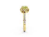 Yellow gold Fancy Yellow Cushion Cut Diamond Scalloped Halo Engagement Ring with Round Shared Prong Band_26