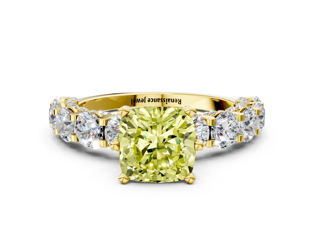 Yellow gold Fancy Yellow Cushion Cut Diamond Side Stone Engagement Ring with Four-Prong Setting_24