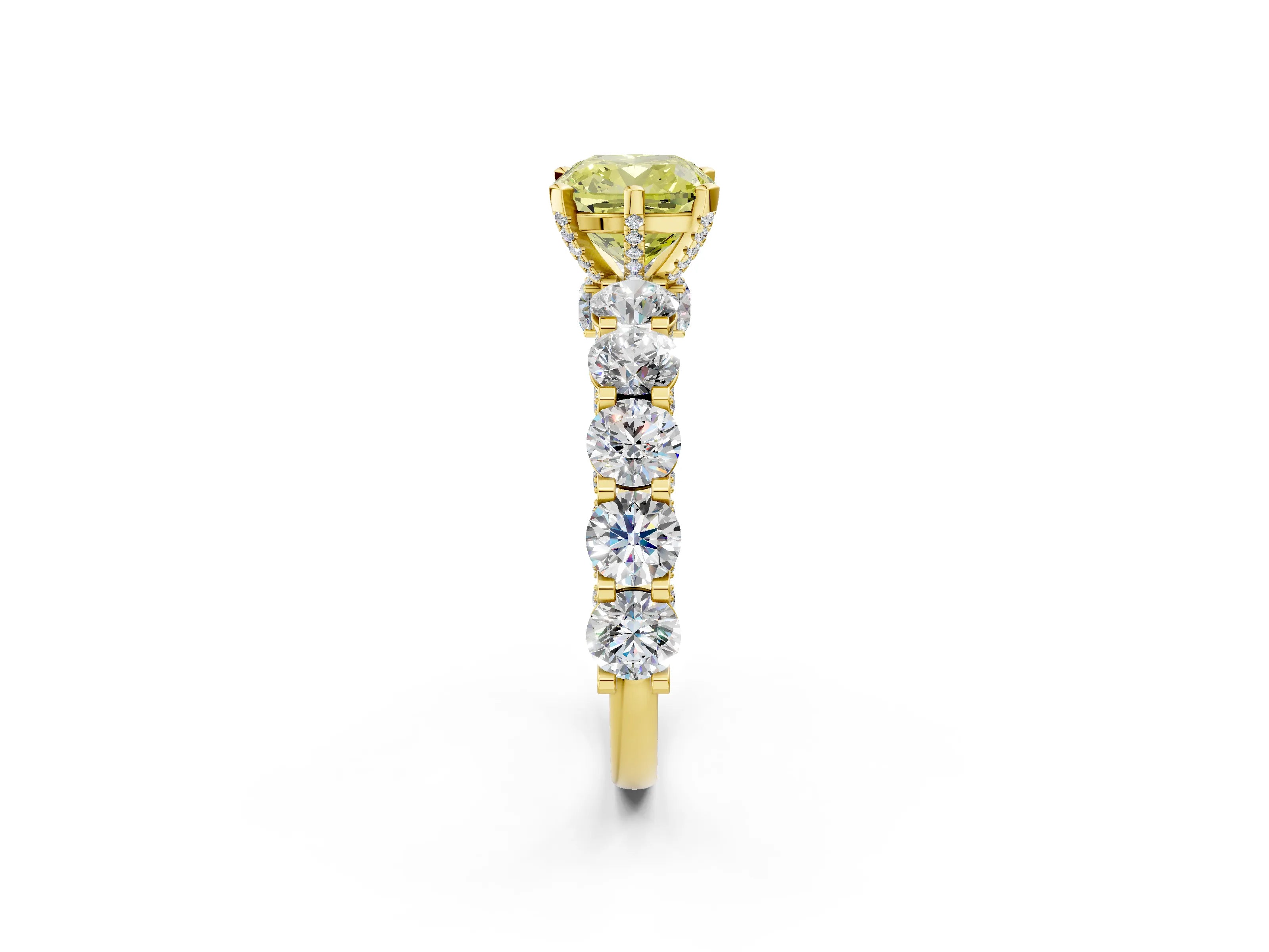 Yellow gold Fancy Yellow Cushion Cut Diamond Side Stone Engagement Ring with Four-Prong Setting_26