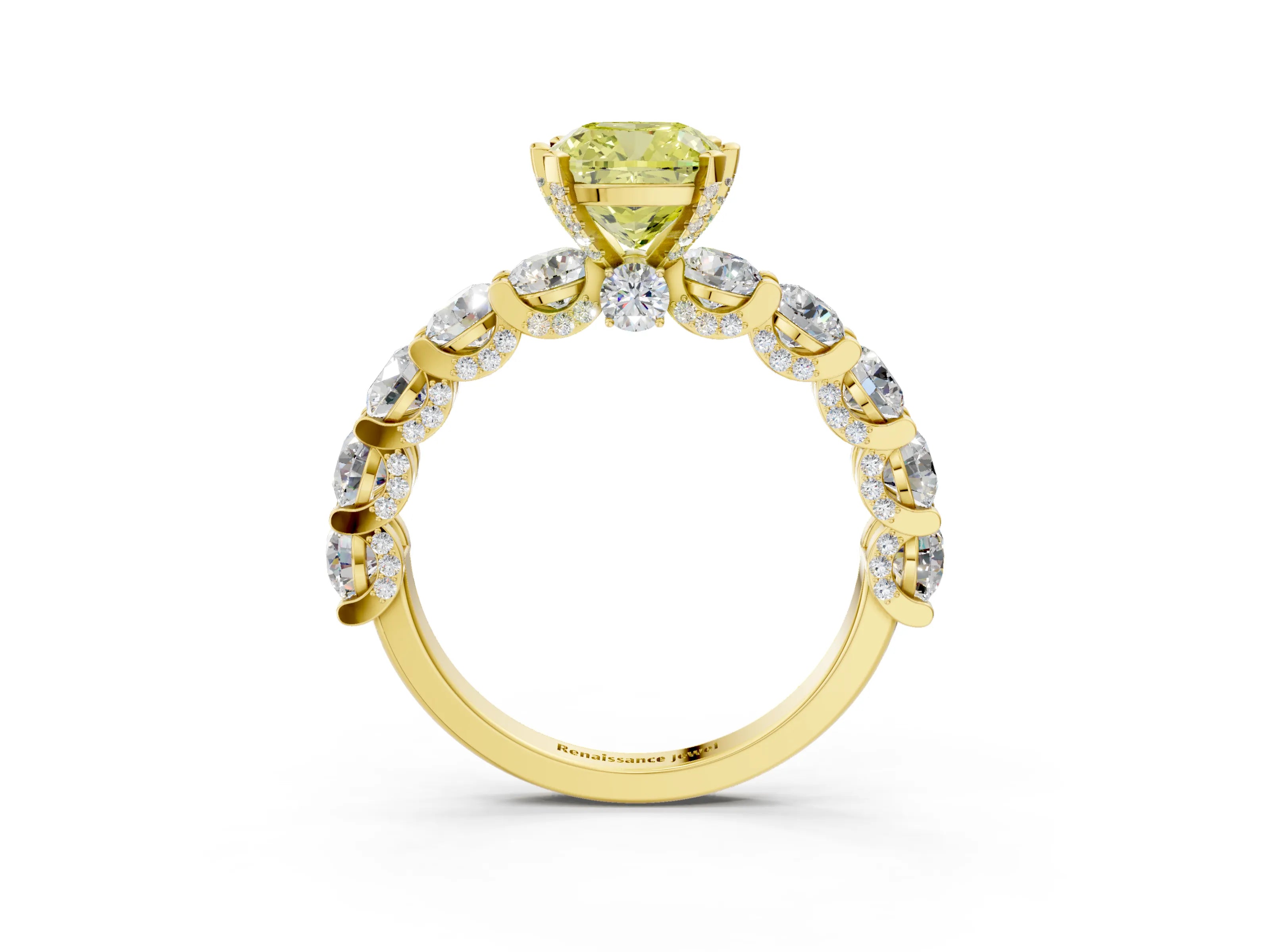 Yellow gold Fancy Yellow Cushion Cut Diamond Side Stone Engagement Ring with Four-Prong Setting_27