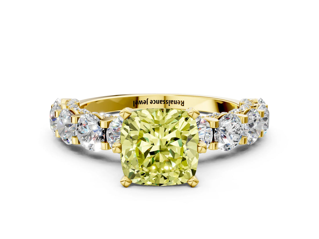 Yellow gold Fancy Yellow Cushion Cut Diamond Side Stone Engagement Ring with Four-Prong Setting_36