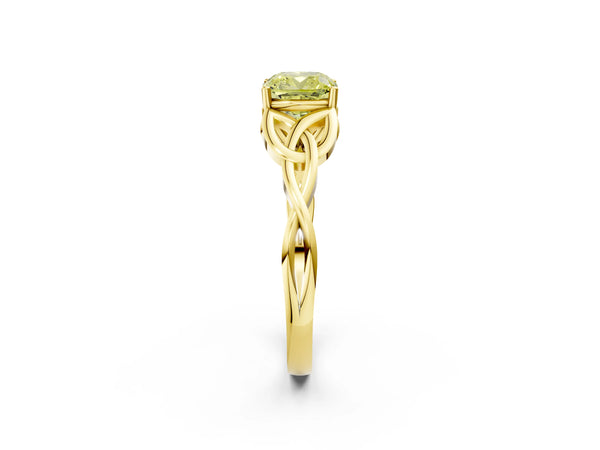 Yellow gold Fancy Yellow Cushion Cut Diamond Solitaire Celtic Knot Ring with Four-Prong Setting