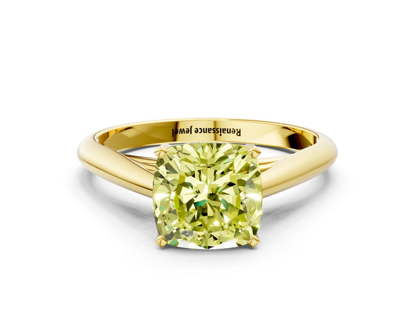 Yellow gold Fancy Yellow Cushion Cut Diamond Solitaire Engagement Ring with Cathedral Setting and Four-Prong Mount