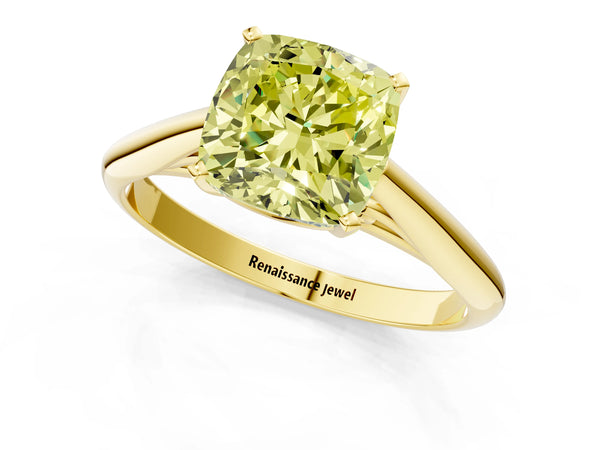 Yellow gold Fancy Yellow Cushion Cut Diamond Solitaire Engagement Ring with Cathedral Setting and Four-Prong Mount