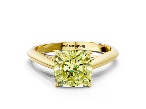 Yellow gold Fancy Yellow Cushion Cut Diamond Solitaire Engagement Ring with Cathedral Setting and Four-Prong Mount