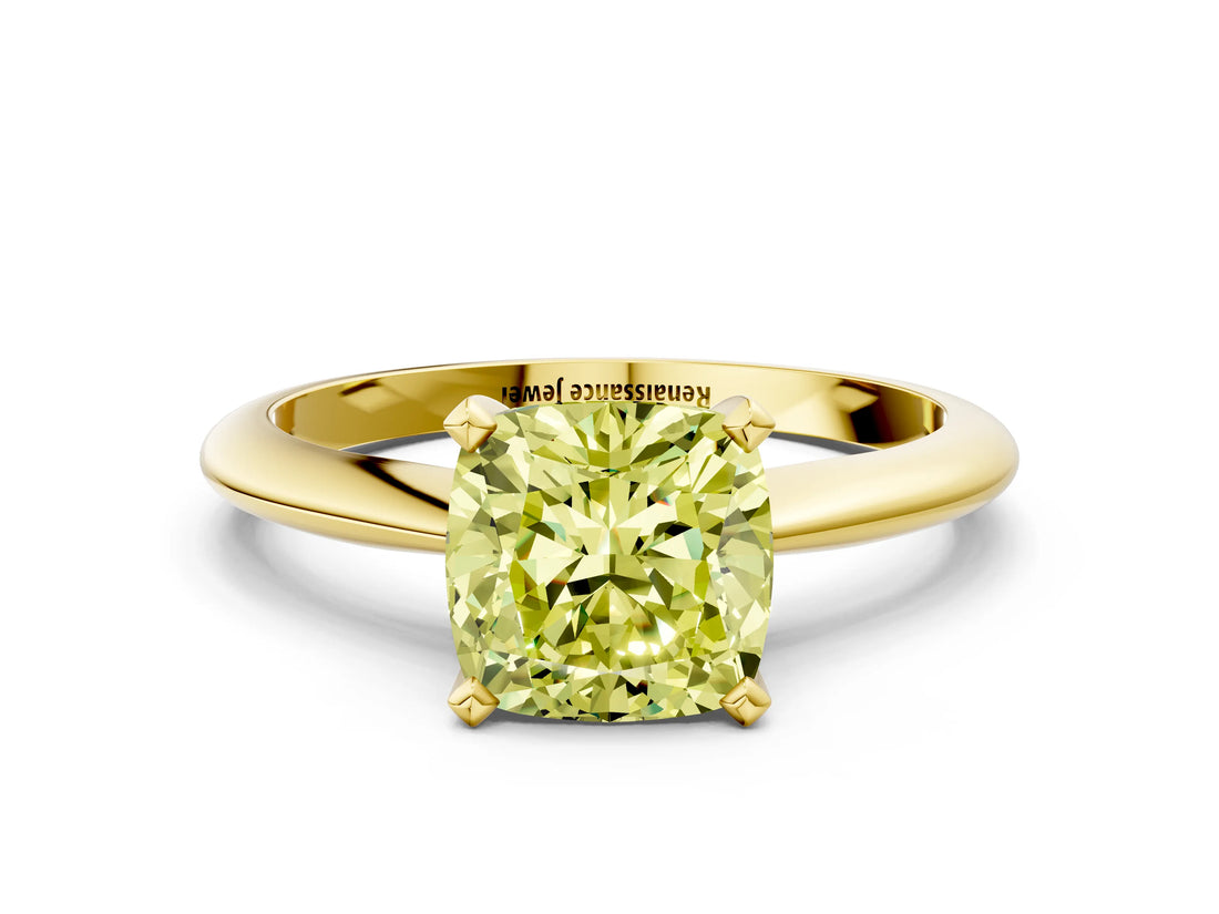 Yellow gold Fancy Yellow Cushion Cut Diamond Solitaire Engagement Ring with Classic Band and Four-Prong Setting_101