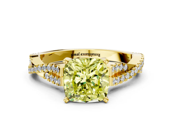 Yellow gold Fancy Yellow Cushion Cut Diamond Solitaire Engagement Ring with Twisted Pavé Band and Four-Prong Setting