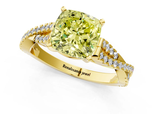 Yellow gold Fancy Yellow Cushion Cut Diamond Solitaire Engagement Ring with Twisted Pavé Band and Four-Prong Setting