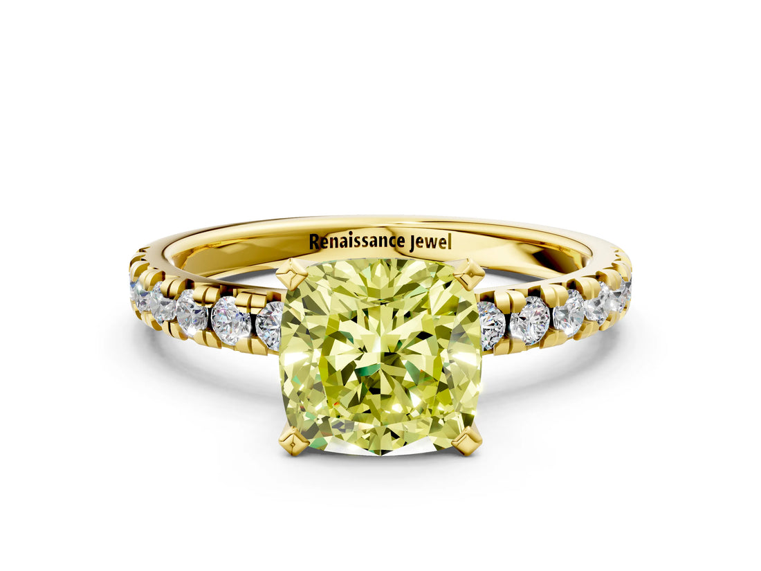 Yellow gold Fancy Yellow Cushion Cut Diamond Solitaire Pavé Engagement Ring with Round Band and Prong Setting_49