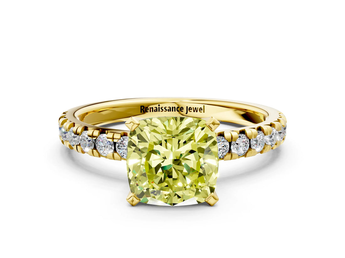Yellow gold Fancy Yellow Cushion Cut Diamond Solitaire Pavé Engagement Ring with Round Band and Prong Setting_67
