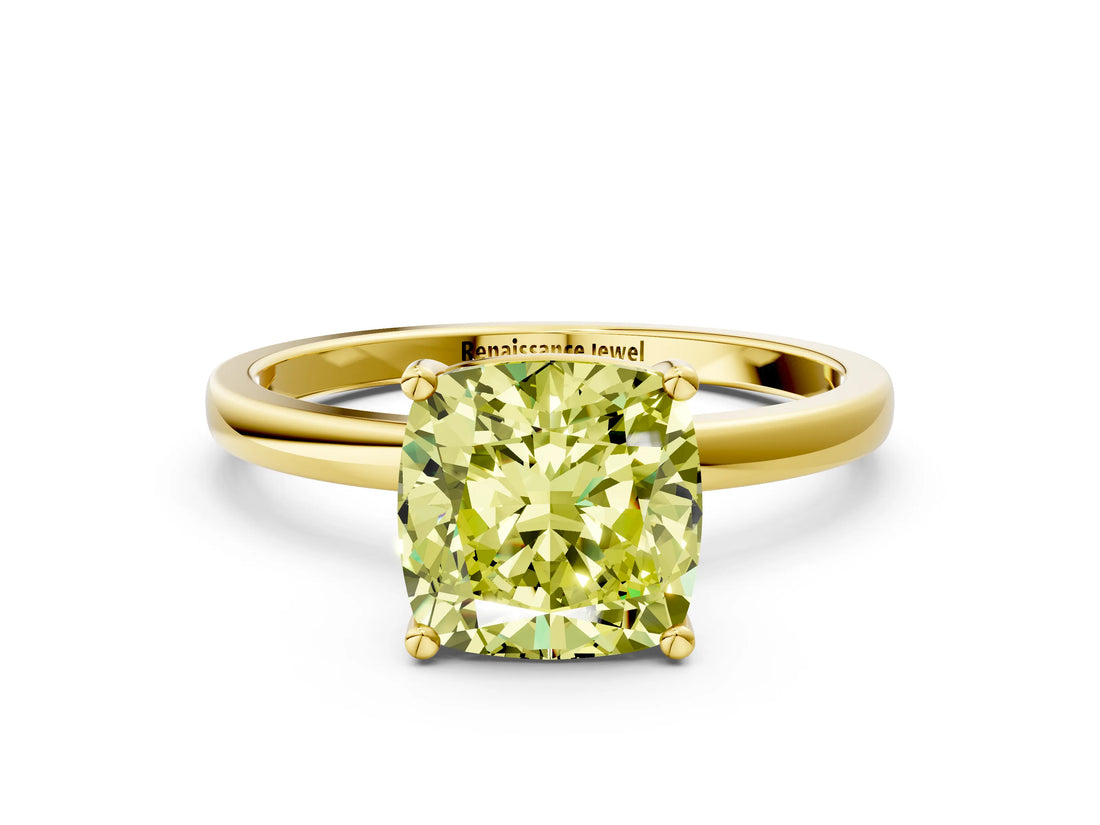 Yellow gold Fancy Yellow Cushion Cut Diamond Solitaire Ring with Classic Band and Four-Prong Setting