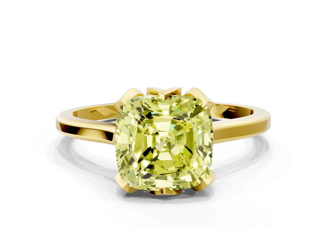 Yellow gold Fancy Yellow Cushion Cut Diamond Solitaire Ring with Flower Prong Setting and Classic Band_36