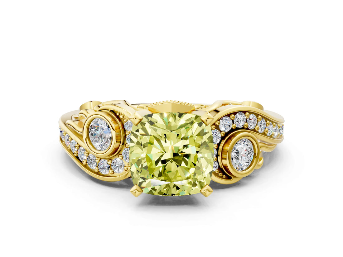 Yellow gold Fancy Yellow Cushion Cut Diamond Solitaire Ring with Milgrain Pavé Band and Four-Prong Setting_167