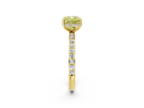Yellow gold Fancy Yellow Cushion Cut Diamond Solitaire Ring with Pavé Band and Hidden Halo