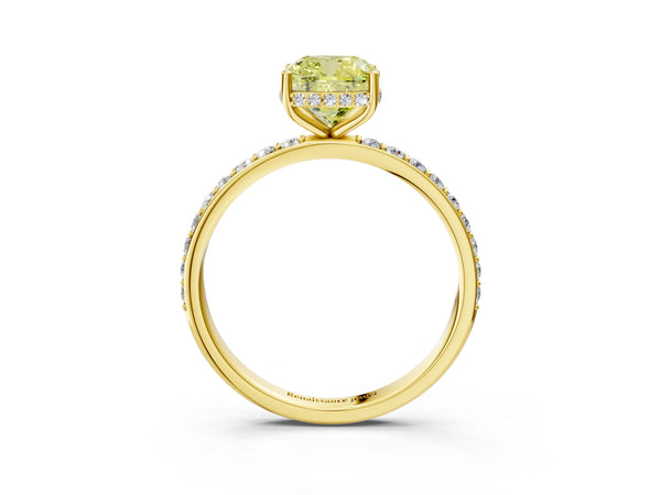 Yellow gold Fancy Yellow Cushion Cut Diamond Solitaire Ring with Pavé Band and Hidden Halo