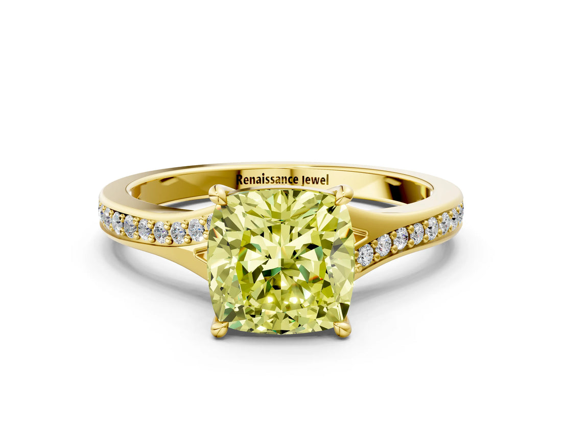 Yellow gold Fancy Yellow Cushion Cut Diamond Solitaire Ring with Pavé Band and Prong Setting_12