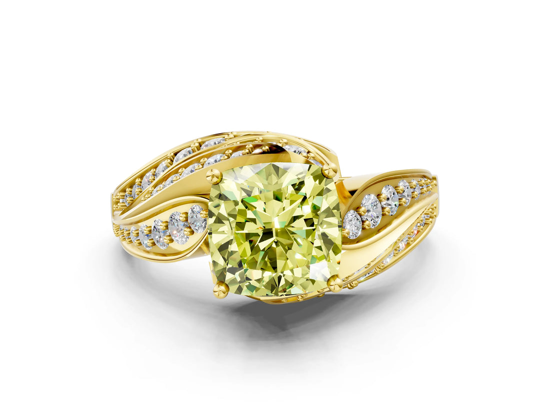Yellow gold Fancy Yellow Cushion Cut Diamond Solitaire Ring with Prong Setting and Twisted Pavé Band