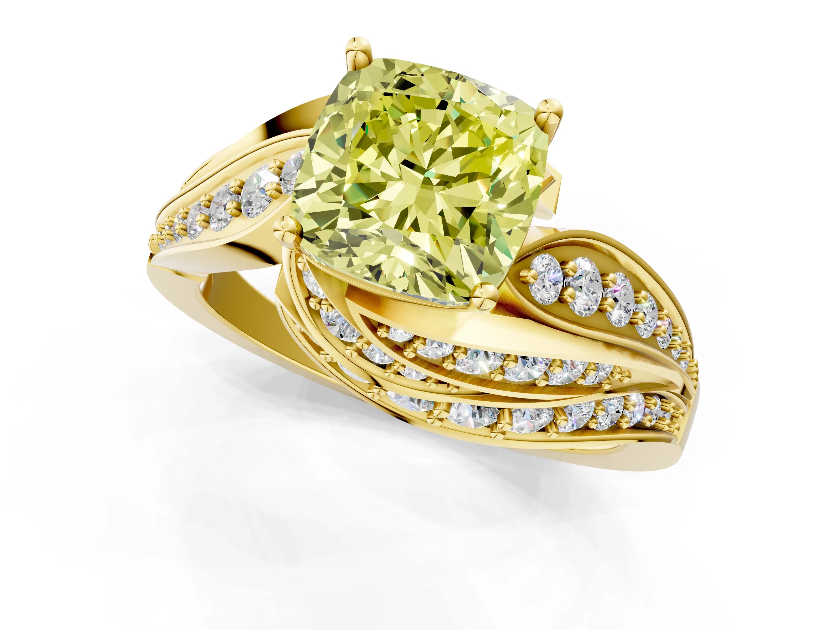 Yellow gold Fancy Yellow Cushion Cut Diamond Solitaire Ring with Prong Setting and Twisted Pavé Band_1
