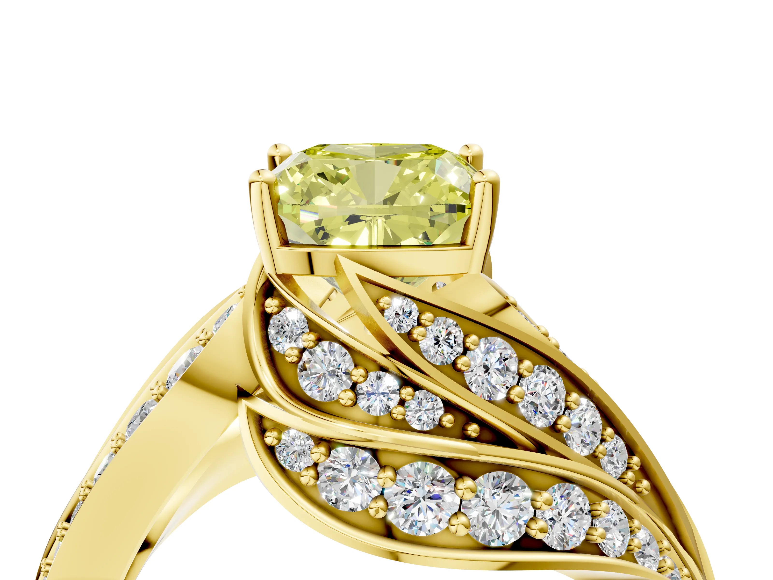 Yellow gold Fancy Yellow Cushion Cut Diamond Solitaire Ring with Prong Setting and Twisted Pavé Band_4
