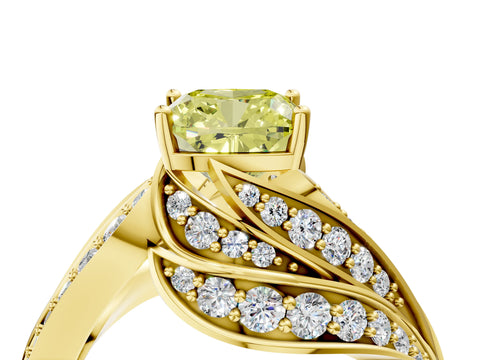 Yellow gold Fancy Yellow Cushion Cut Diamond Solitaire Ring with Prong Setting and Twisted Pavé Band_4