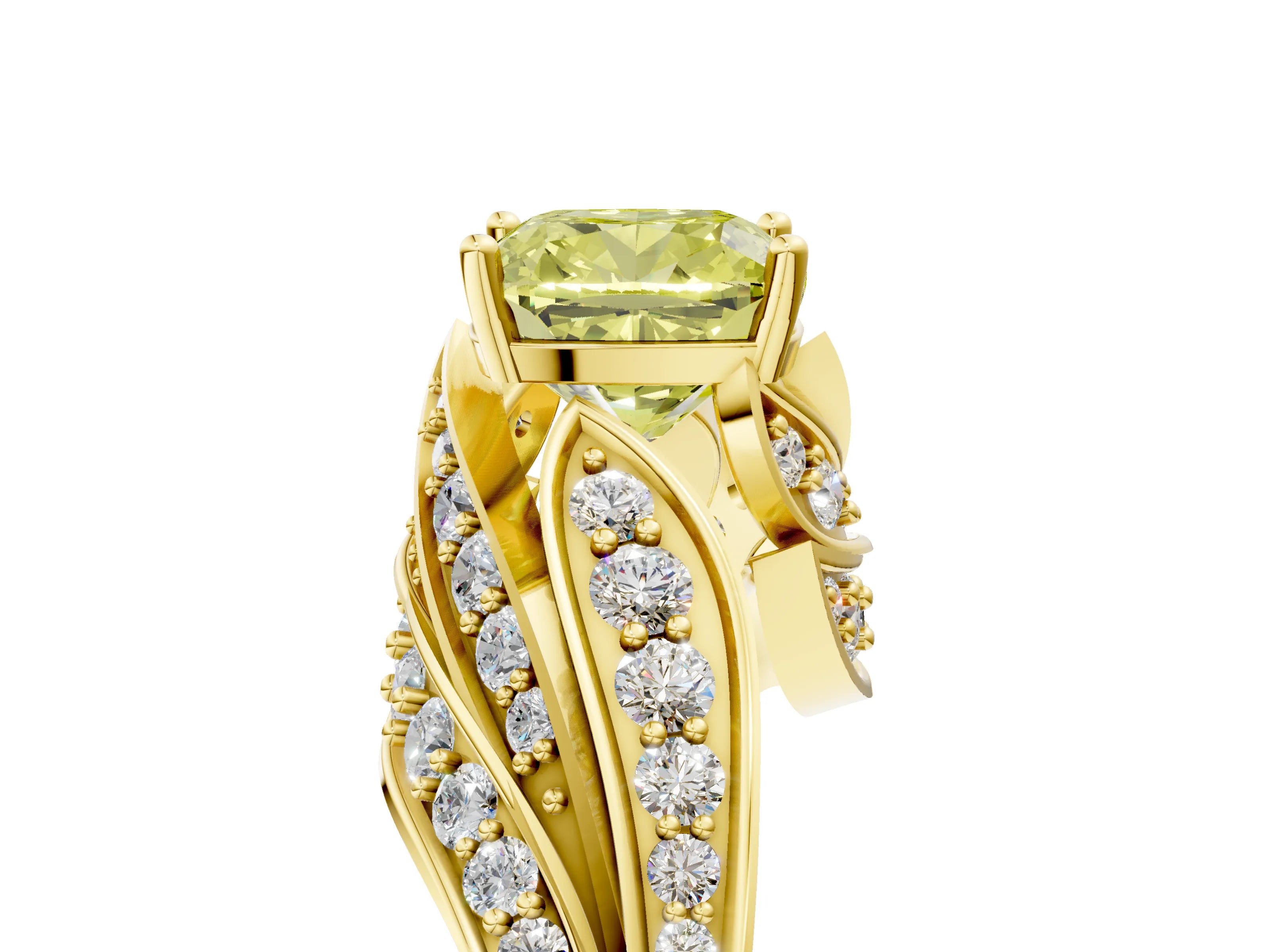 Yellow gold Fancy Yellow Cushion Cut Diamond Solitaire Ring with Prong Setting and Twisted Pavé Band_5