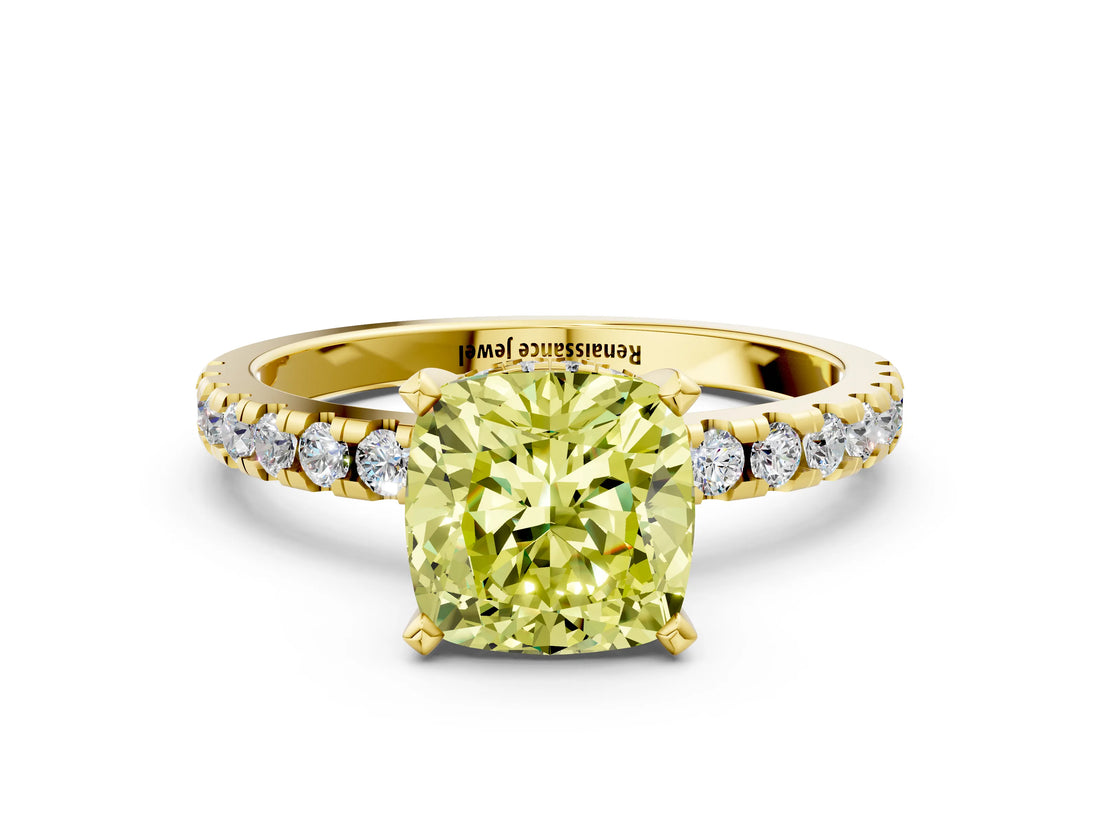 Yellow gold Fancy Yellow Cushion Cut Diamond Solitaire Ring with Round  Pavé Band and Four-Prong Setting_36