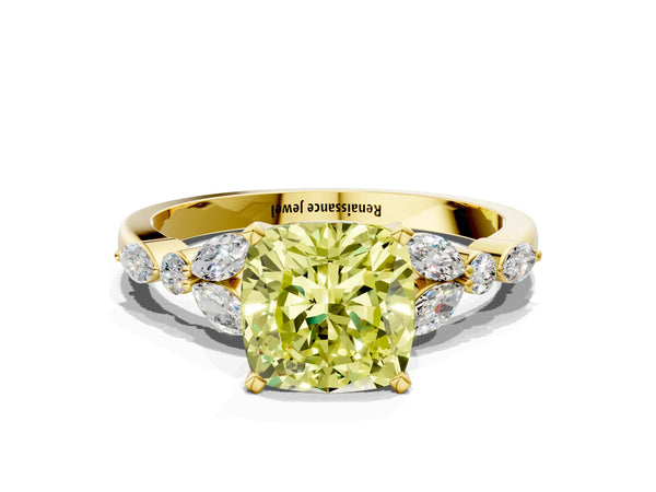 Yellow gold Fancy Yellow Cushion Cut Diamond Solitaire Ring with Side Stones and Four-Prong Setting