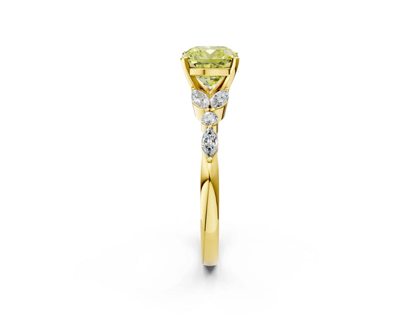 Yellow gold Fancy Yellow Cushion Cut Diamond Solitaire Ring with Side Stones and Four-Prong Setting