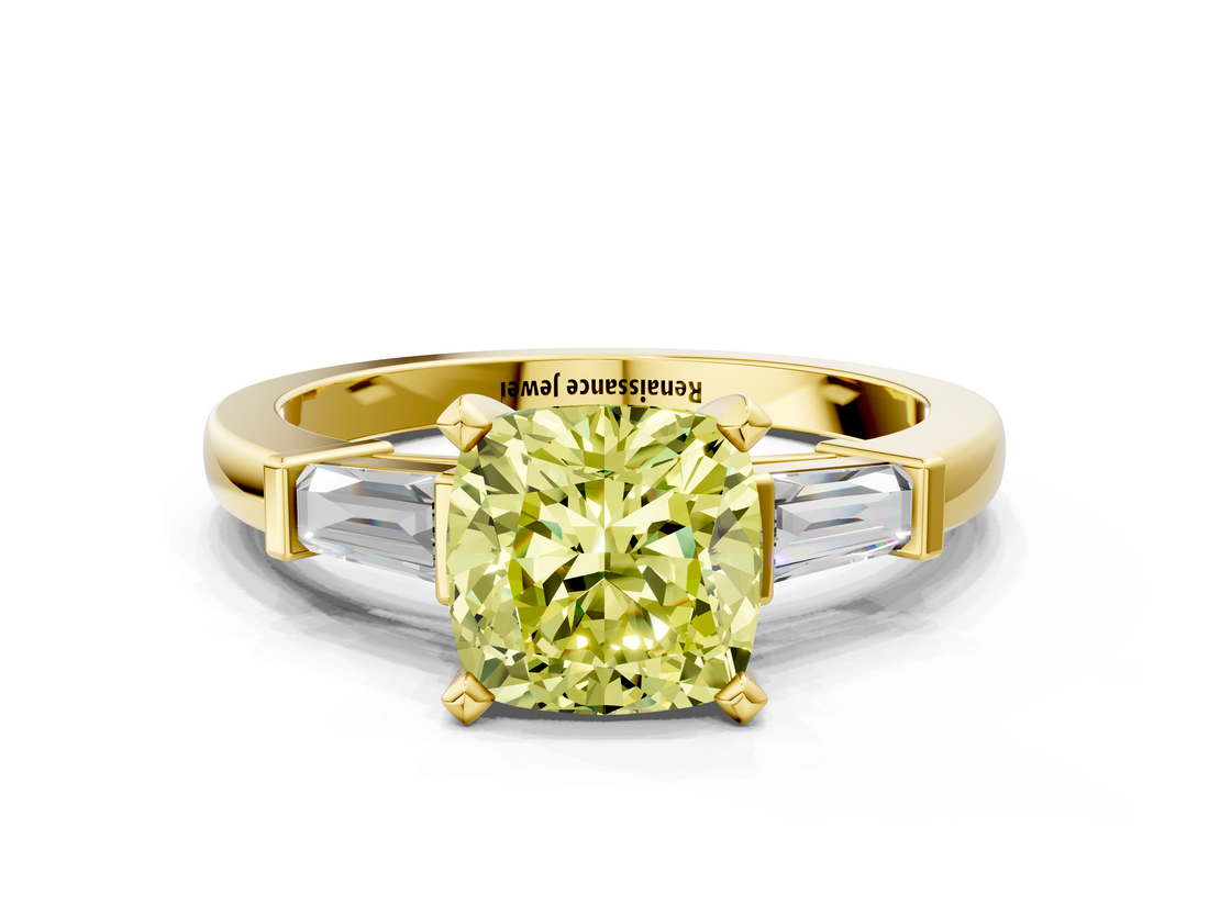Yellow gold Fancy Yellow Cushion  Cut Diamond Solitaire Ring with Tapered Baguette Accents and Four-Prong Setting_78
