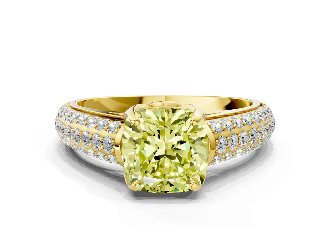 Yellow gold Fancy Yellow Cushion Cut Diamond Solitaire Ring with Three-Row Pavé Band and Four-Prong Setting_36