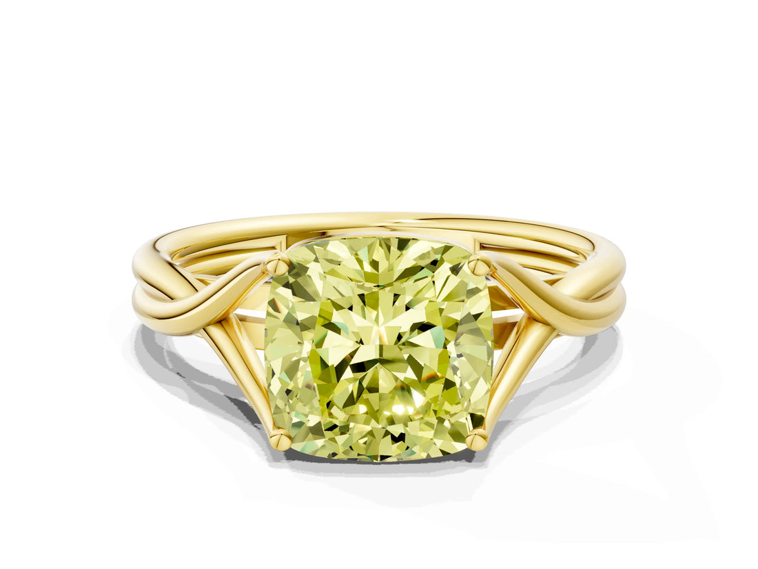 Yellow gold Fancy Yellow Cushion Cut Diamond Solitaire Twist Band Prong Setting Ring_83