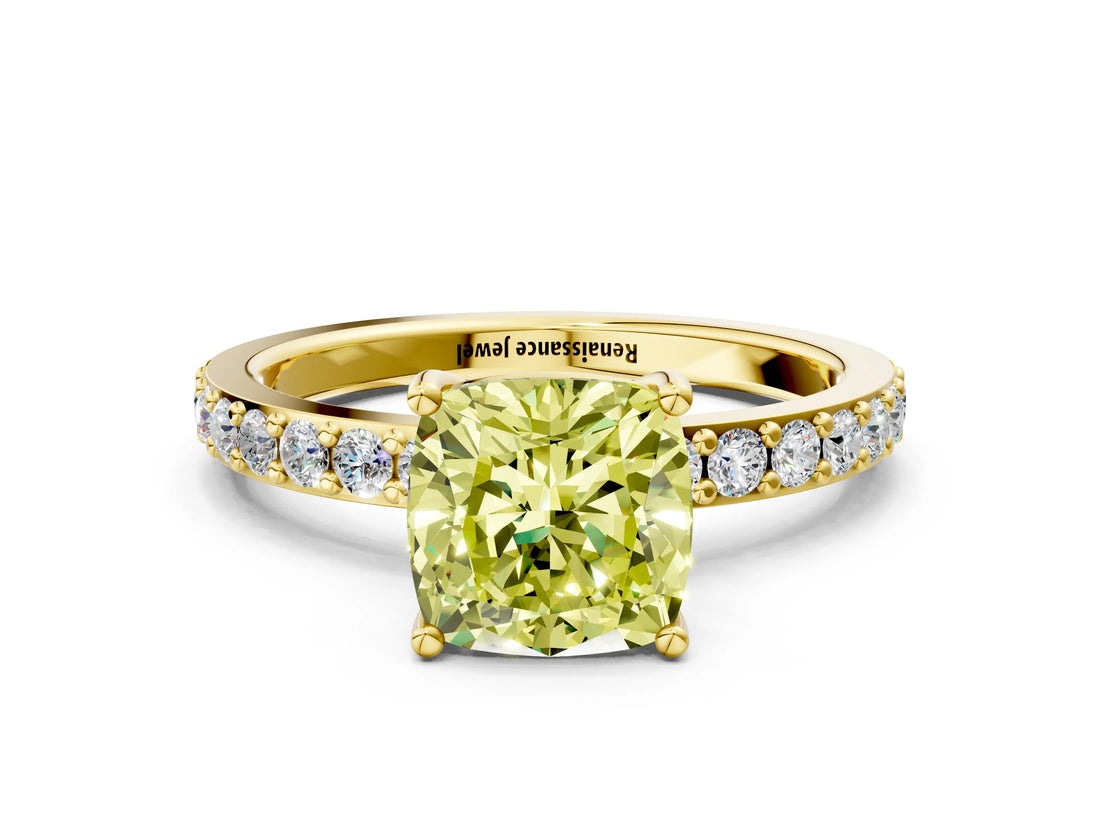 Yellow gold Fancy Yellow Cushion  Cut Diamond Solitaire with Pave Band and Four-Prong Setting 1