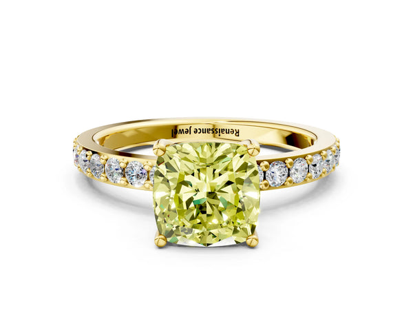 Yellow gold Fancy Yellow Cushion  Cut Diamond Solitaire with Pave Band and Four-Prong Setting