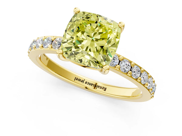 Yellow gold Fancy Yellow Cushion  Cut Diamond Solitaire with Pave Band and Four-Prong Setting