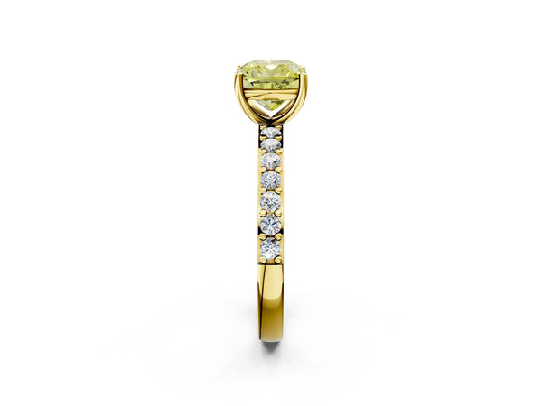 Yellow gold Fancy Yellow Cushion  Cut Diamond Solitaire with Pave Band and Four-Prong Setting
