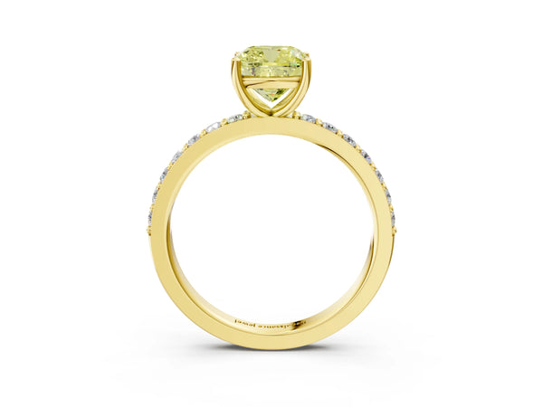 Yellow gold Fancy Yellow Cushion  Cut Diamond Solitaire with Pave Band and Four-Prong Setting