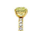 Yellow gold Fancy Yellow Cushion  Cut Diamond Solitaire with Pave Band and Four-Prong Setting