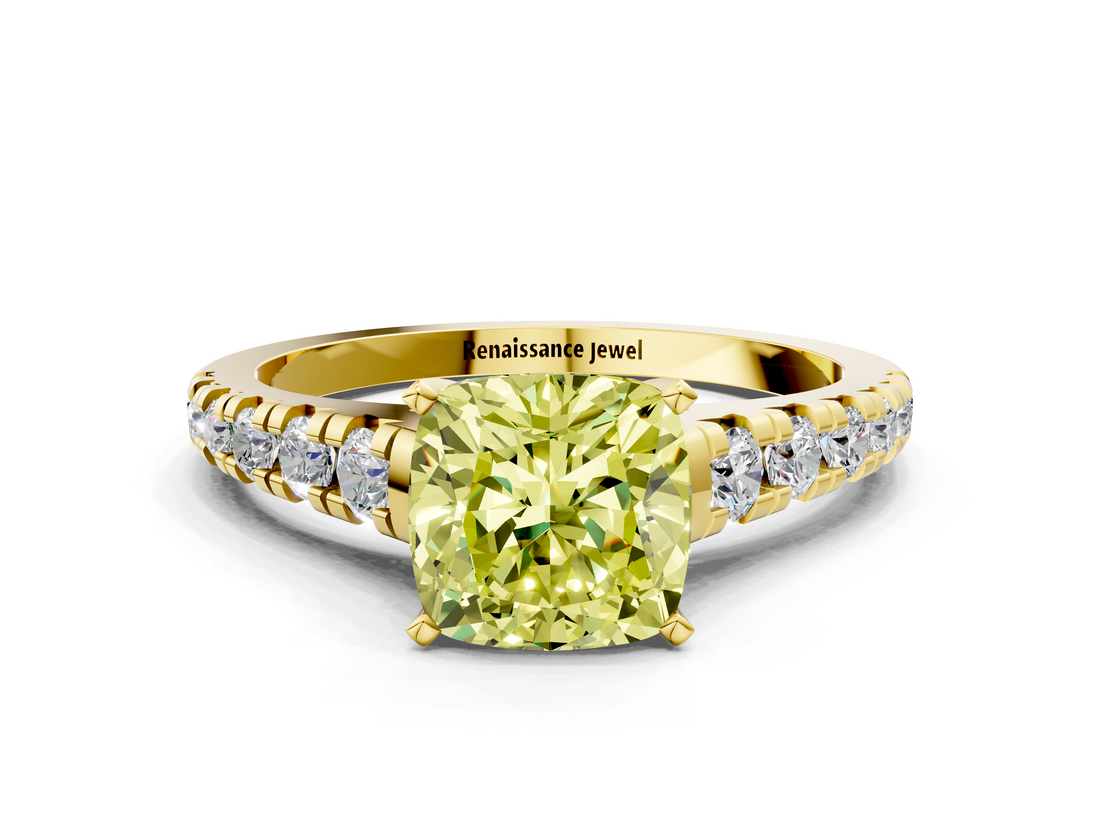 Yellow gold Fancy Yellow Cushion  Cut Diamond Solitaire with Pave Band and Four-Prong Setting_160