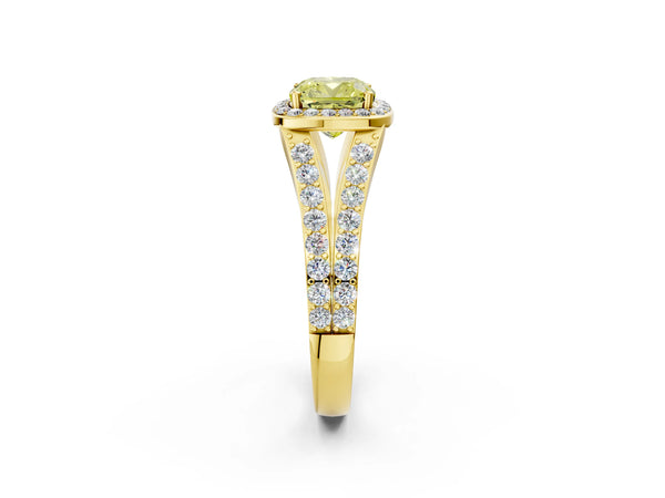 Yellow Gold Cushion Cut Halo Engagement Ring Setting for Fancy Yellow Center with Narrow Pave Split Shank