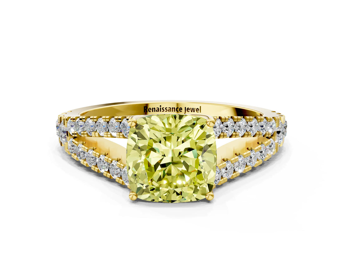 Yellow gold Fancy Yellow Cushion Cut Diamond Split Shank Pavé Engagement Ring with Four-Prong Setting_92