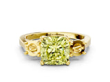 Yellow gold Fancy Yellow Cushion Cut Diamond Three-Stone Engagement Ring with Prong Setting and Pavé Band