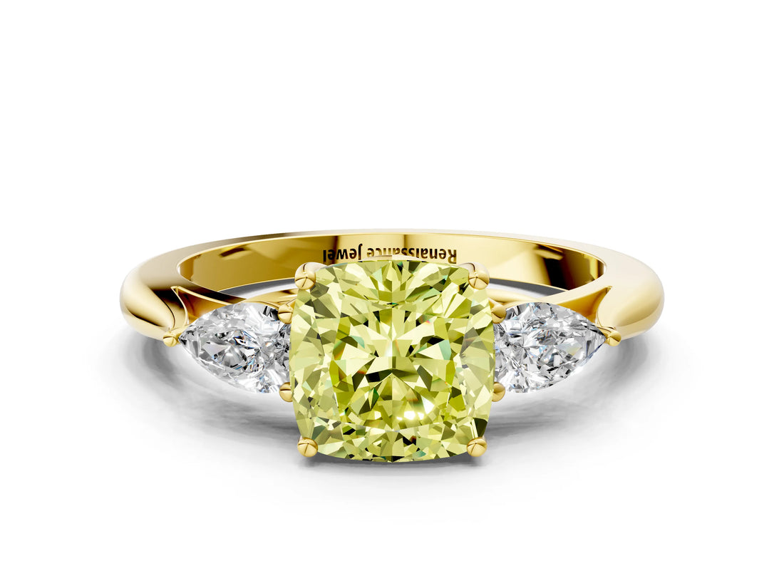 Yellow gold Fancy Yellow Cushion Cut Diamond Three-Stone Ring with Pear Side Stones and Four-Prong Setting_84